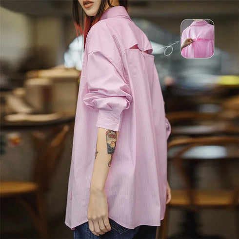 Casual Pink and White Striped Hollow Out Shirt – Women's Spring Oversized Vacation Blouse